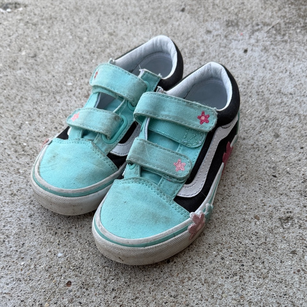 Kids' Teal & Black Velcro Sneakers with Pink Flower Accents